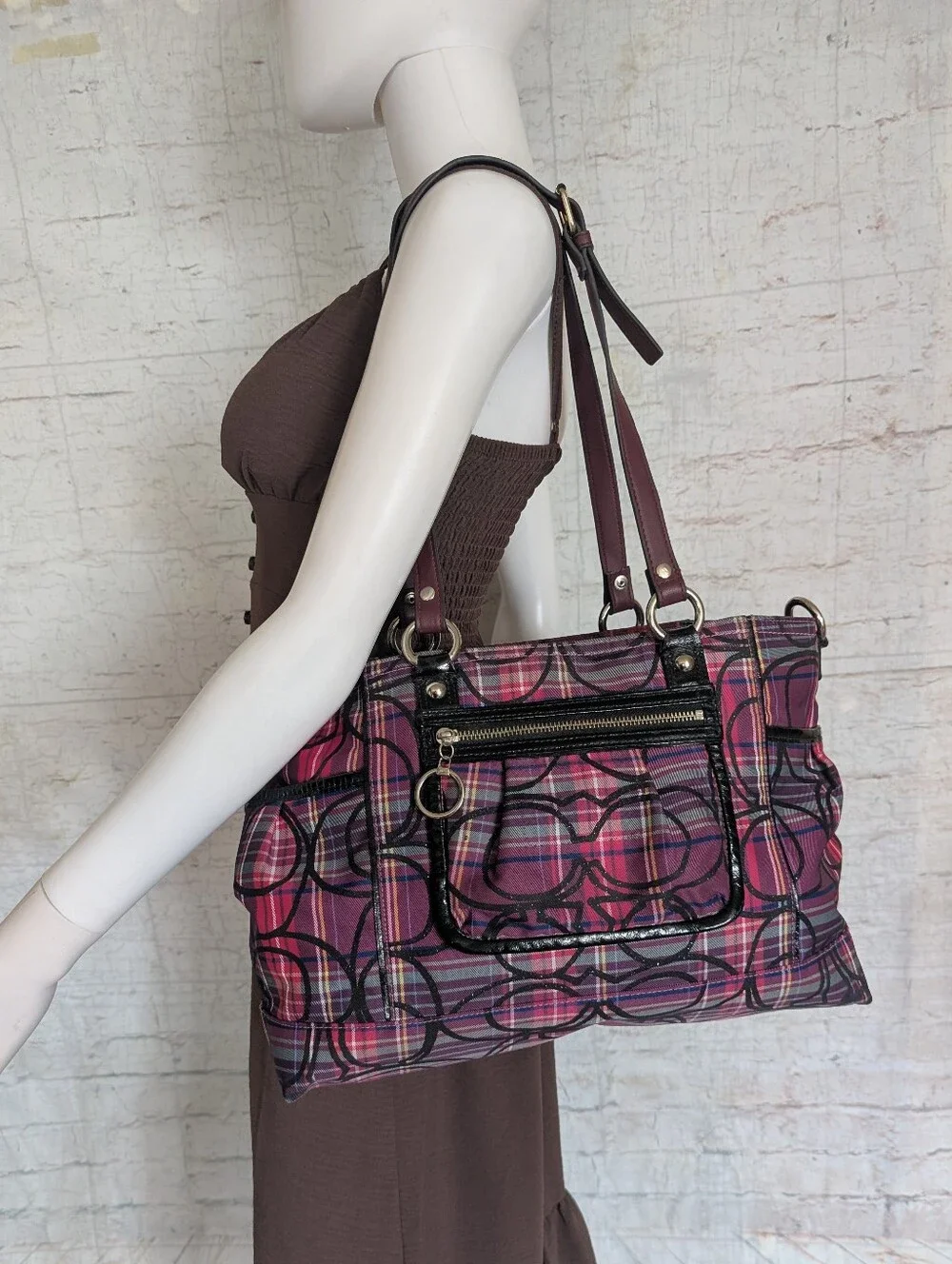 Coach Pink and Purple Plaid Signature Tote